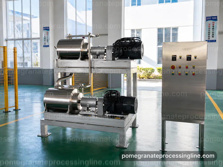 industrial pomegranate juice line, feed and output handling: gentle aril pressing section connection view