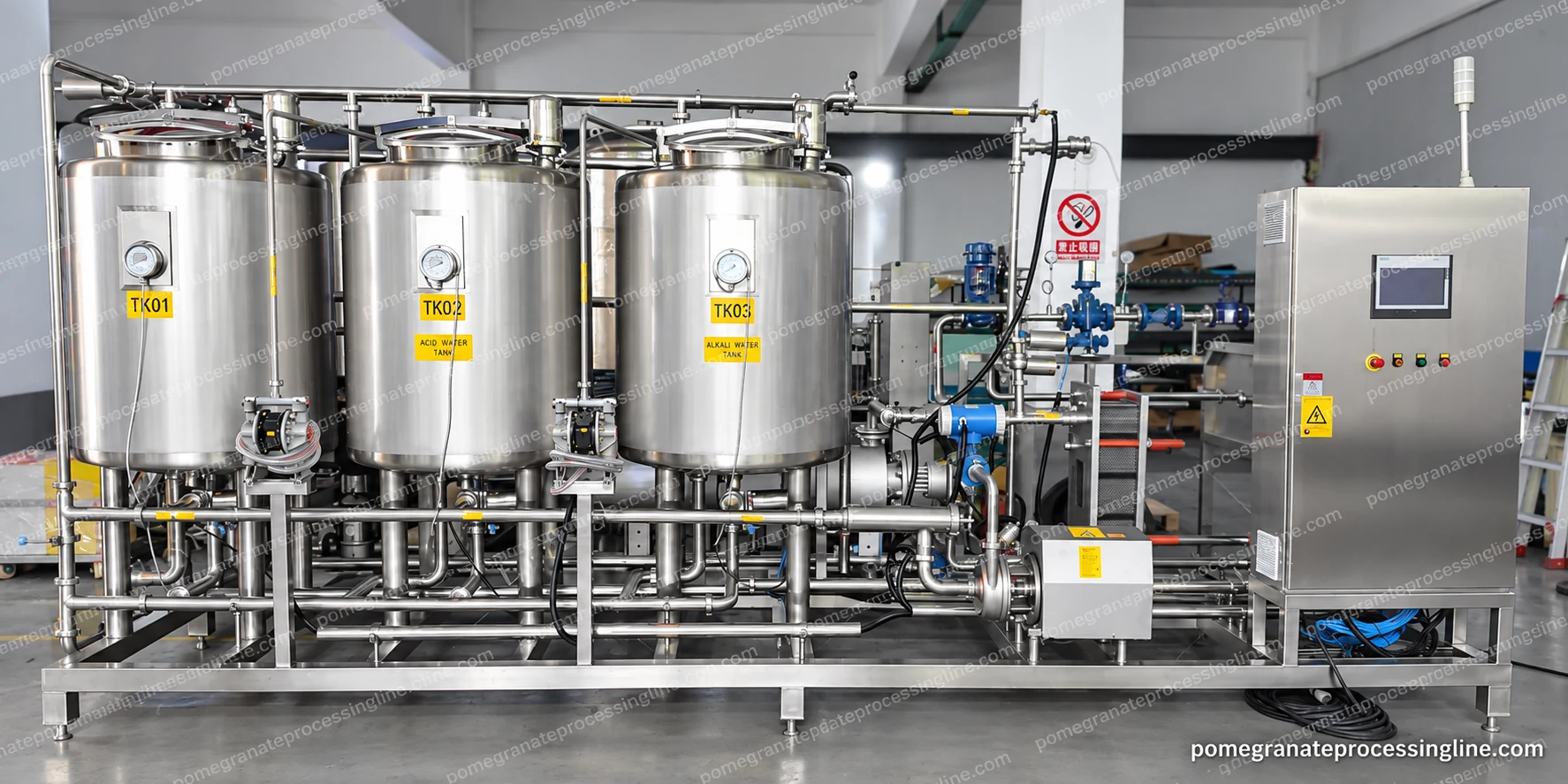 Three cleaning vessels on a common skid with lower pump and pipe manifolds, heating equipment and a right-side cabinet