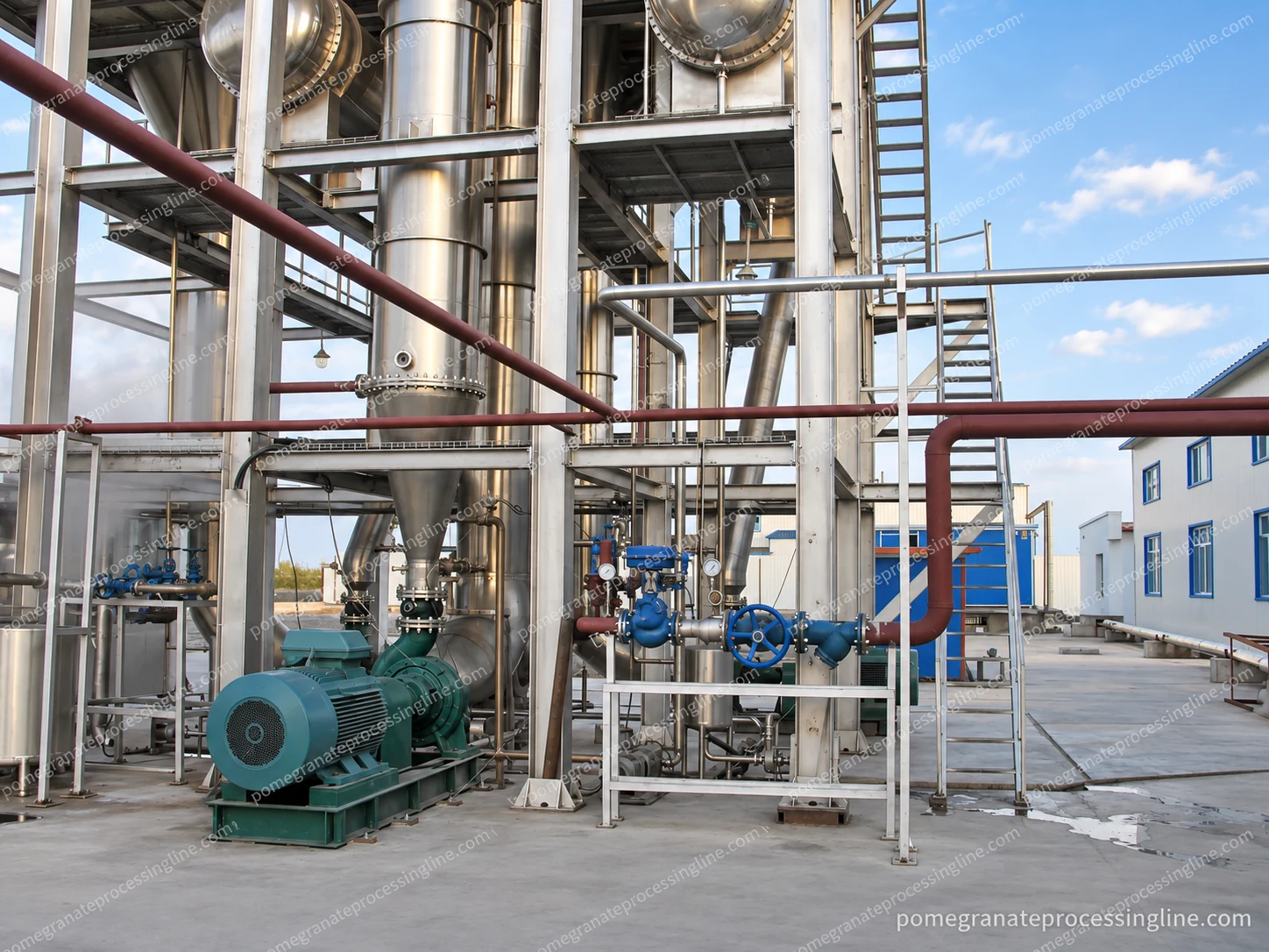 Evaporator circulation drive, lower connections and process pipework