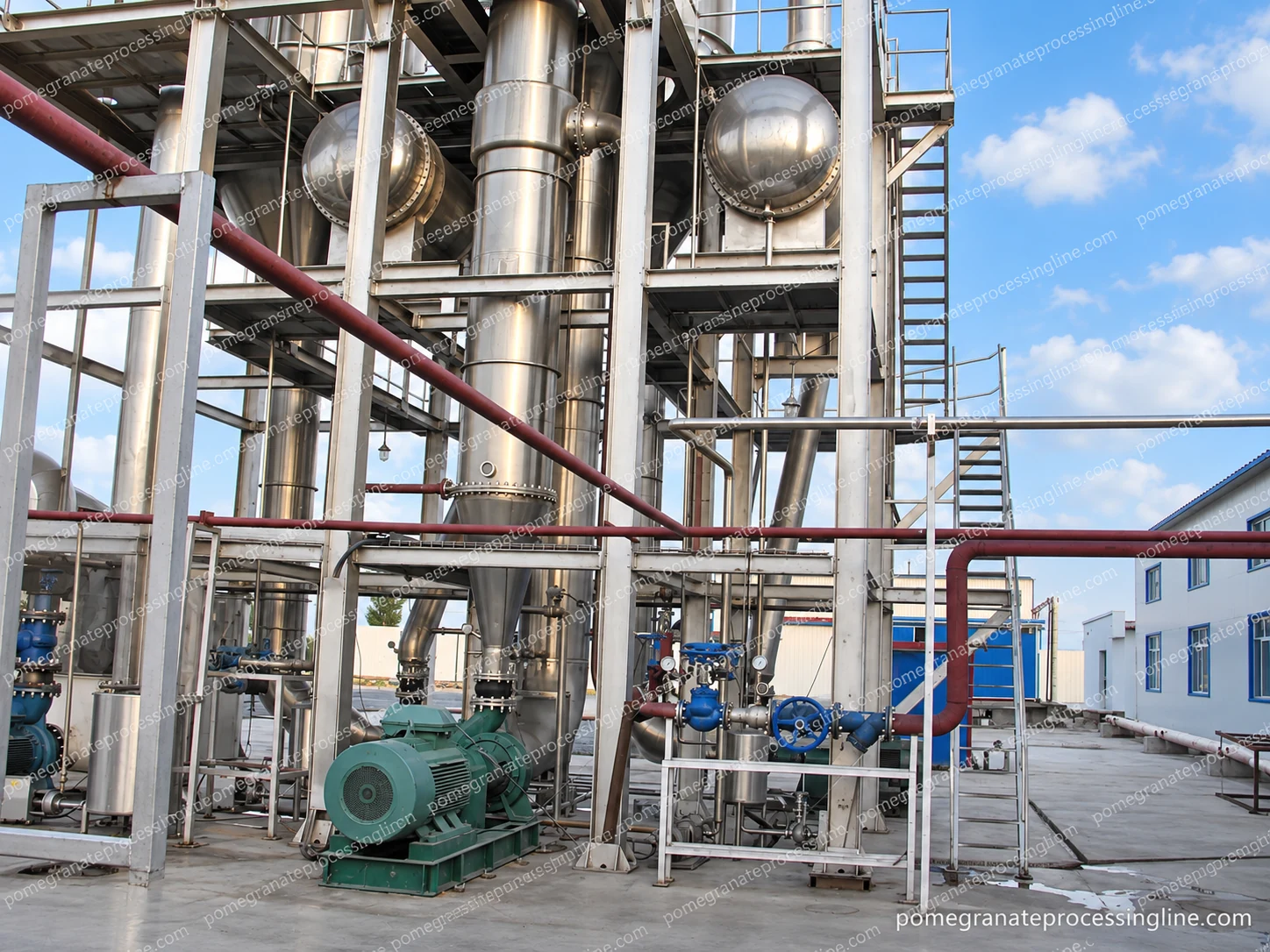 Industrial evaporation installation with tall vessels, steel platforms, large lower pipe connections and a circulation drive