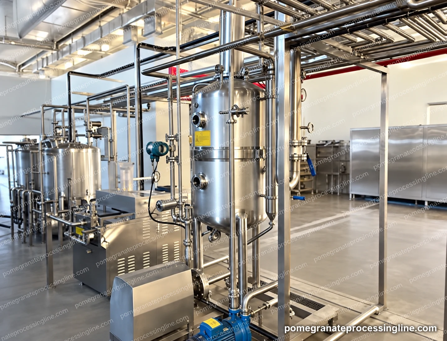 Installed vertical filter vessels with connecting pipes, a lower pump and adjacent enclosure
