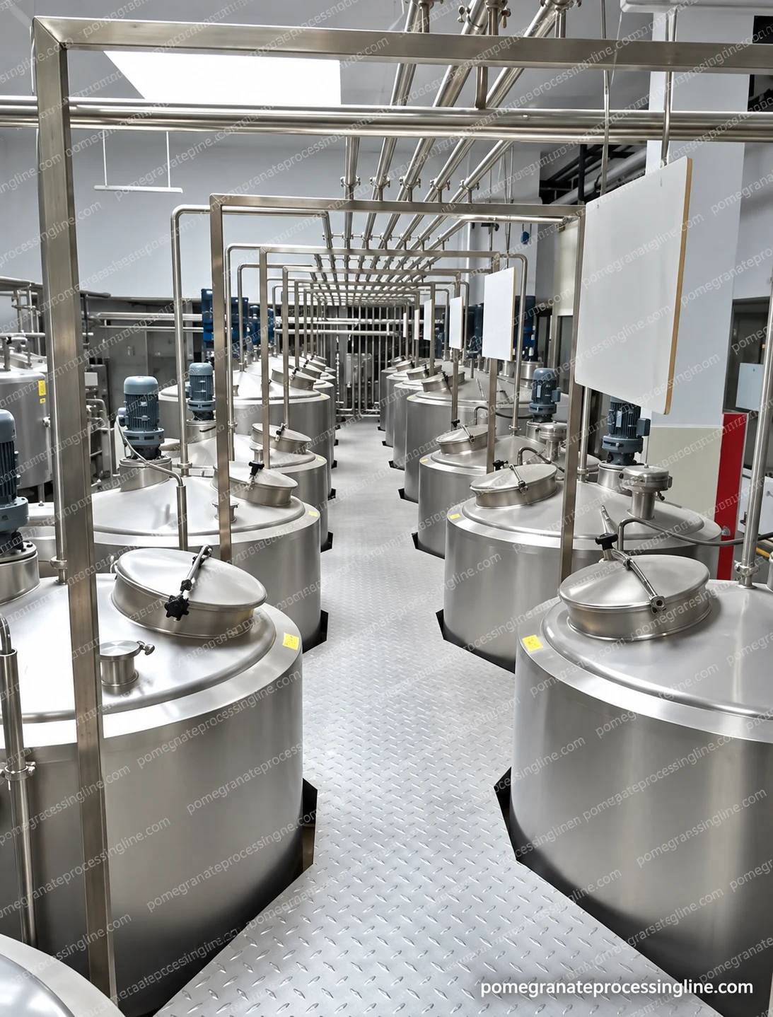 Rows of stainless process tanks with top drives, access lids, overhead piping and a central service walkway