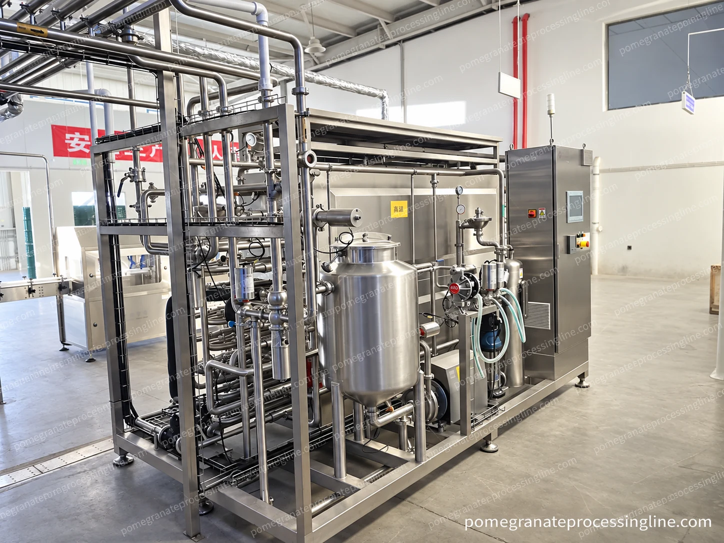 Workshop skid with horizontal tube assemblies, headers, a central vessel, valves and a right-side control cabinet